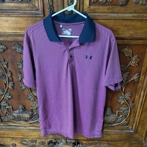 Under Armour Heatgear Polo Shirt Men's Sz Large Pink Blue Striped Loose Fit Golf